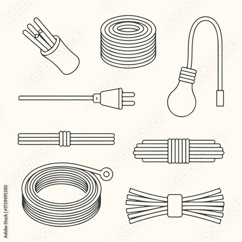 Vector art of collection of electrical wiring and components, including spools of wire, a plug, a light bulb, and wire bundles, presented in a clean, illustrative style