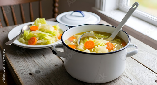 Healthy And Delicious Cabbage And Carrot Soup Served In Vintage Style With Ladle