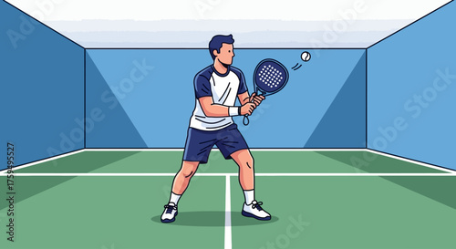 A man playing padel, preparing to hit the ball with his racket in an indoor court.