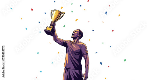 A triumphant individual celebrating a victory, holding a golden trophy aloft, amidst colorful confetti.