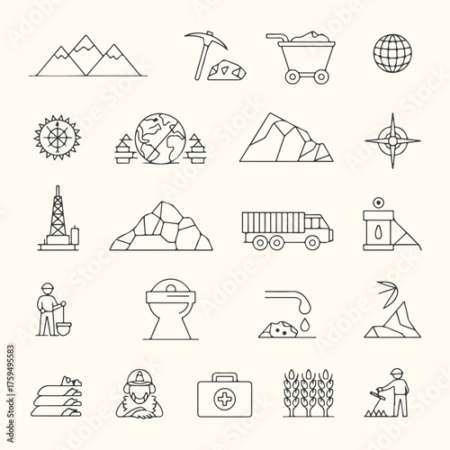 Vector art of collection of line art icons representing mining, industry, and agriculture