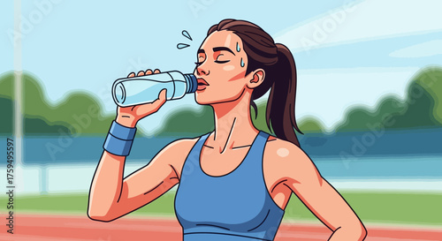 A woman in athletic wear drinks water from a bottle after exercising on a track.
