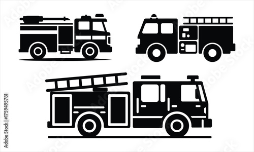 Fire Truck Vector Icons Emergency Vehicles Isolated Illustration Black Silhouette