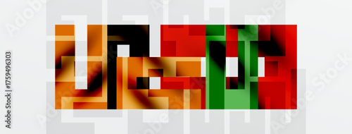 Abstract geometric composition. Warm colors dominate, featuring reds, greens, browns. Pixelated texture creates modern visual effect.