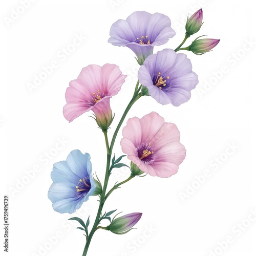 Colorful sweet pea flowers bloom on delicate vine. Soft pastel pink, purple, blue blossoms grow with green leaves, buds. Spring summer botanical illustration gentle watercolor style isolated on white