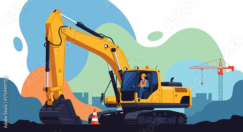 Yellow excavator with operator working at a construction site alongside a tower crane Industry concept