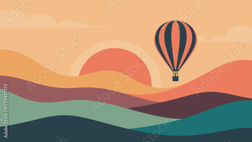 A hot air balloon soars over a landscape of rolling hills at sunset in a stylized vector image