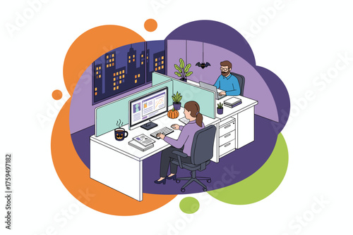 Coworkers working late in an office cubicle decorated for Halloween Business productivity