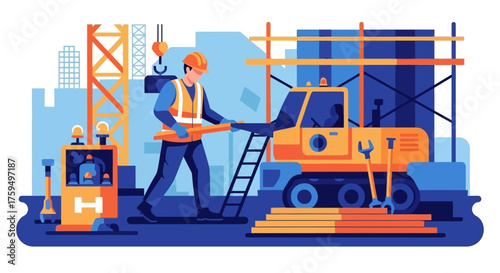Construction worker with hard hat and safety vest on active building site Industry development