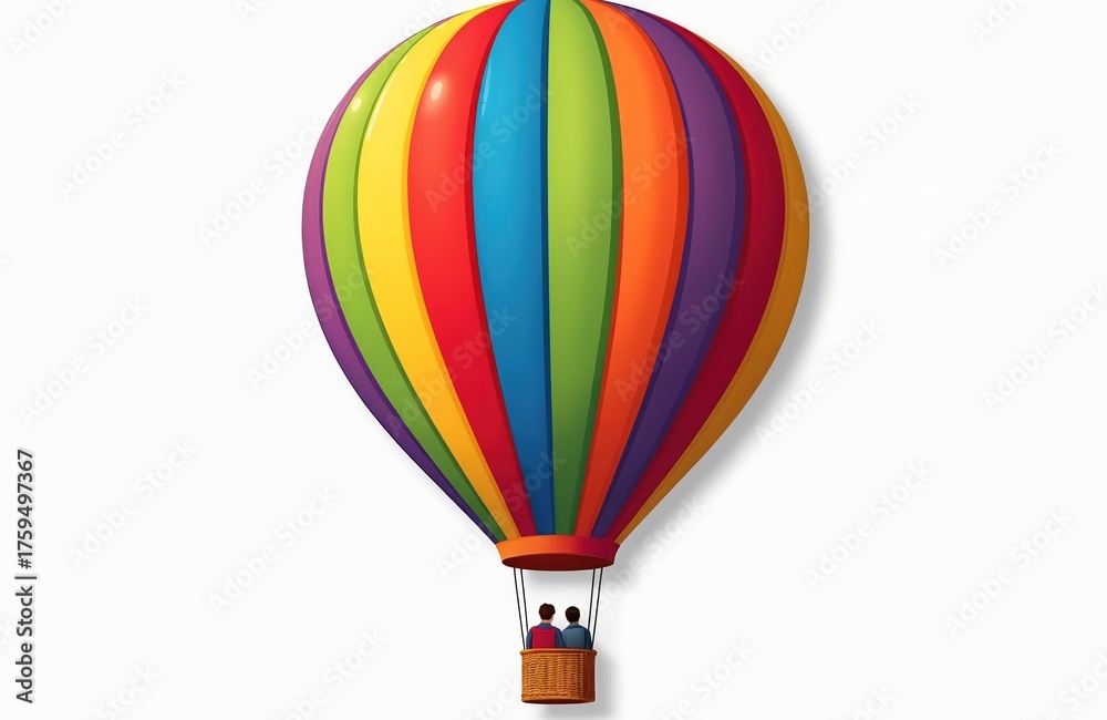Fototapeta premium Vibrant hot air balloon illustration floats against white background. Two figures enjoy a scenic journey in colorful basket. This playful design suits travel marketing or childrens artwork projects.