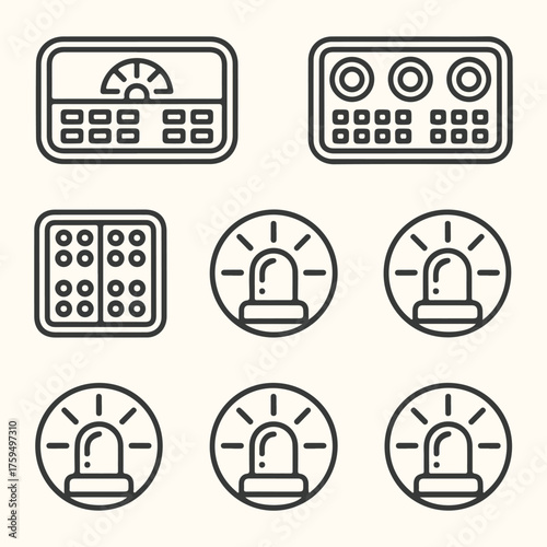 Vector art of set of control panel icons and warning lights, representing technology and safety systems