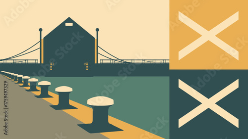 Illustration of a dock with bollards and a building with x shapes in the background art style