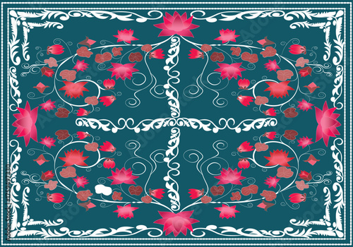 Elegant rug pattern with vivid pink lotus flowers and brown leaves on a deep teal background. White ornamental vines create a graceful frame, highlighting balance, nature, and artistic beauty.