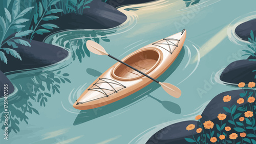 A kayak with a paddle on a river surrounded by rocks, plants, and flowers in a cartoon illustration