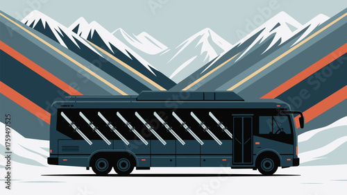 A bus with skis painted on the side parked in front of a mountain range in a stylized illustration