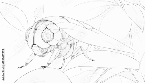 Robotized insects integrated into organic leaves coloring page for creative exploration