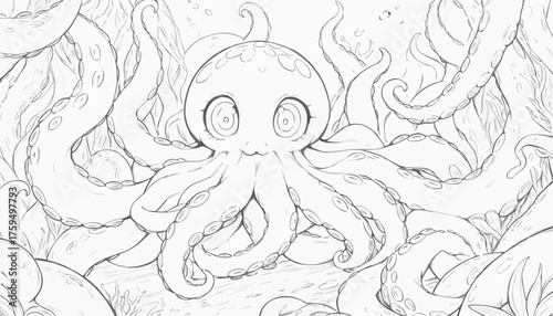 Octopus coloring page featuring tentacles, suckers, and hidden creatures for creative fun
