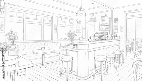 Cozy coffee shop interior coloring page with vintage furniture and warm lighting for creative relaxation
