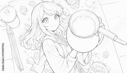Girl holding a coffee pot coloring page with a cozy beverage scene for creative enjoyment