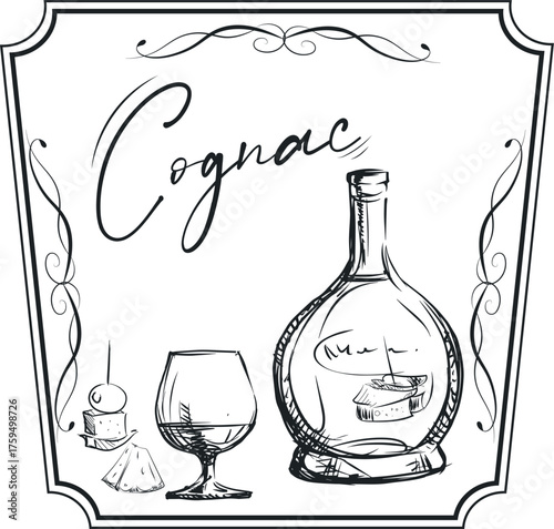 Cognac bottle, glass, handwritten lettering, sketch style, line art, alcohol outline. Pub banner, restaurant poster, party, drinks, spirits, alcohol menu, tasting, festival