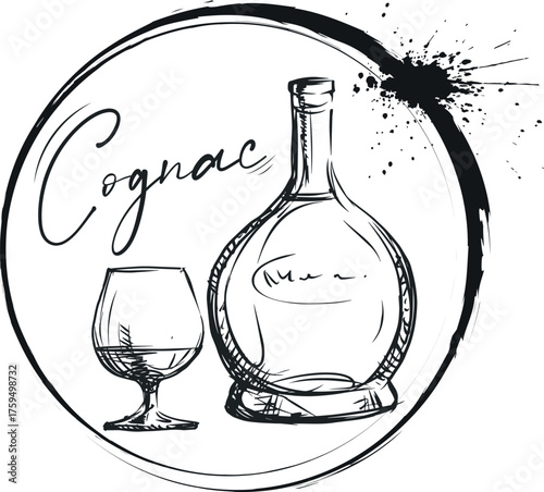 Hand-drawn cognac bottle, glass, lettering, pen sketch style, grunge, circle with paint splatter, bar poster. Alcohol-themed print, restaurant banner, alcohol menu, premium cognac, booze, drinking