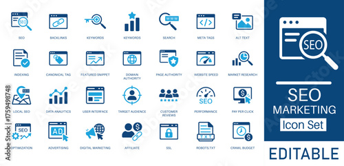 SEO and Digital Marketing solid icon set. Contains symbols for Keywords, Backlinks, Data Analytics, and PPC. Flat vector design for website ranking and marketing strategy.