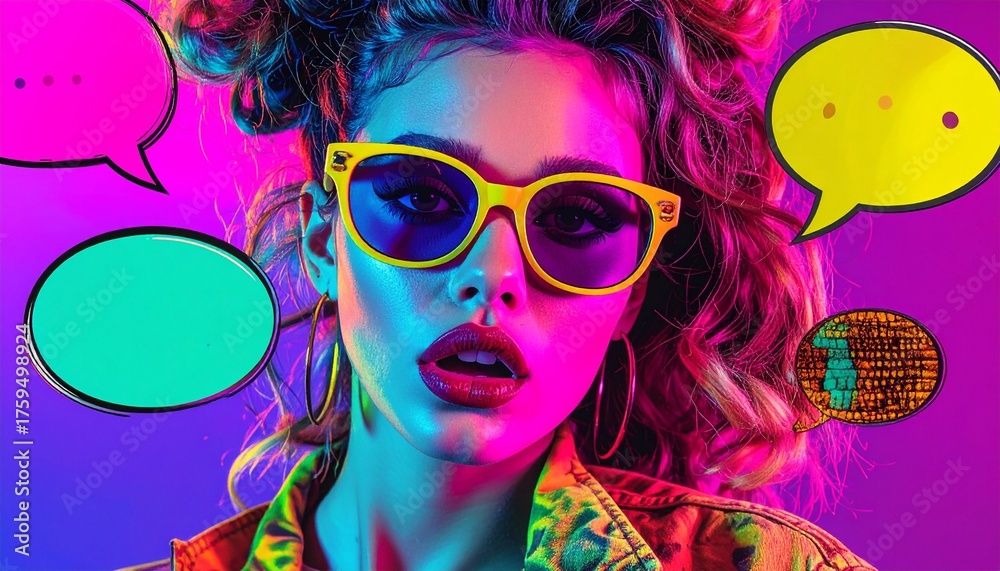 Obraz premium An expressive pop art collage featuring a funky character, speech bubbles, and neon color blocks, inspired by 80s aesthetics.