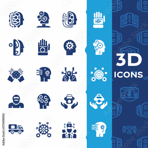 Collection of ai related icons including human augmentation and technology integration on a blue and white background