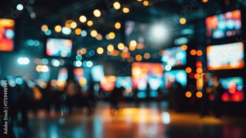 A blurred image of a vibrant event showcasing illuminated screens and soft bokeh lights, creating a lively atmosphere.
