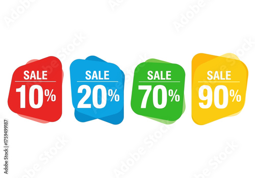 4 colorful sale stickers with percentages 10 20 70 90