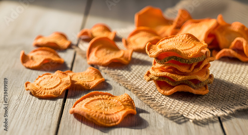 Healthy carrot chips on a wooden surface with a focus on textures and delicious treats