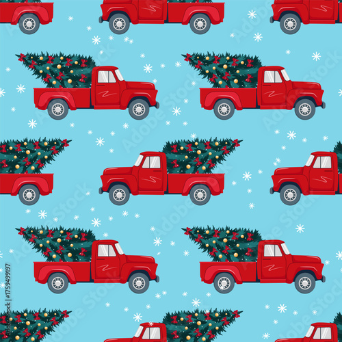 Christmas seamless pattern. Red retro truck with a Christmas tree in the back. Festive seamless background. Suitable for printing on packaging, fabric, and wallpaper.