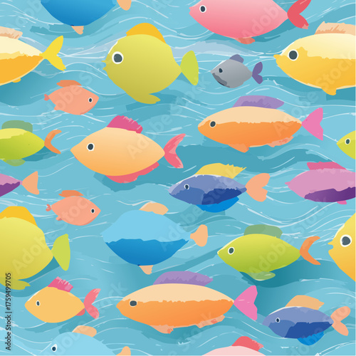 Colorful seamless banner background with crayon drawn school of fish. Marine seamless pattern.