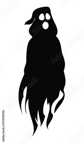 Scary black silhouette of a spooky ghost or phantom floating in darkness with a menacing appearance. Vector cartoon illustration