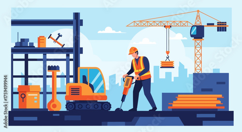 Construction worker operates jackhammer on a busy building site with crane and machinery