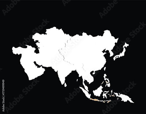 Asia continent map white silhouette isolated on black background