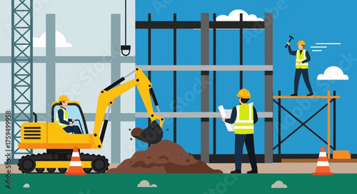 Construction site with workers building a new structure showcasing teamwork and development