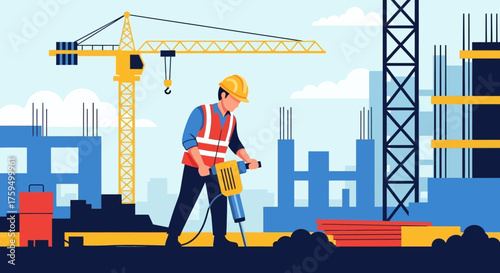 Construction worker using a jackhammer at a building site with a crane Industry and development concept