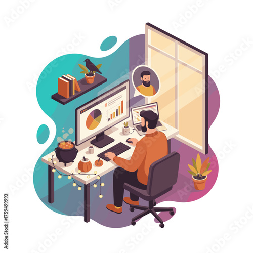 Man works remotely at his festive home office desk with Halloween decor and a video call