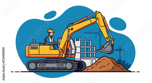Construction worker operates excavator on building site showing urban development and heavy industry