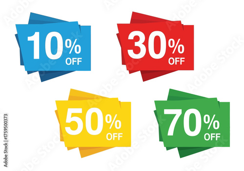 Four colorful discount labels displaying 10 30 50 and 70 off