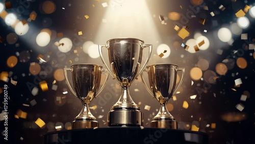 Three golden trophies stand on a podium under a shower of golden confetti