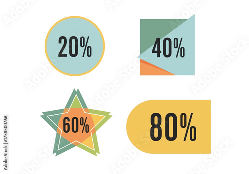 Four colorful graphics show percentages 20 circle 40 square 60 star and 80 rounded rectangle