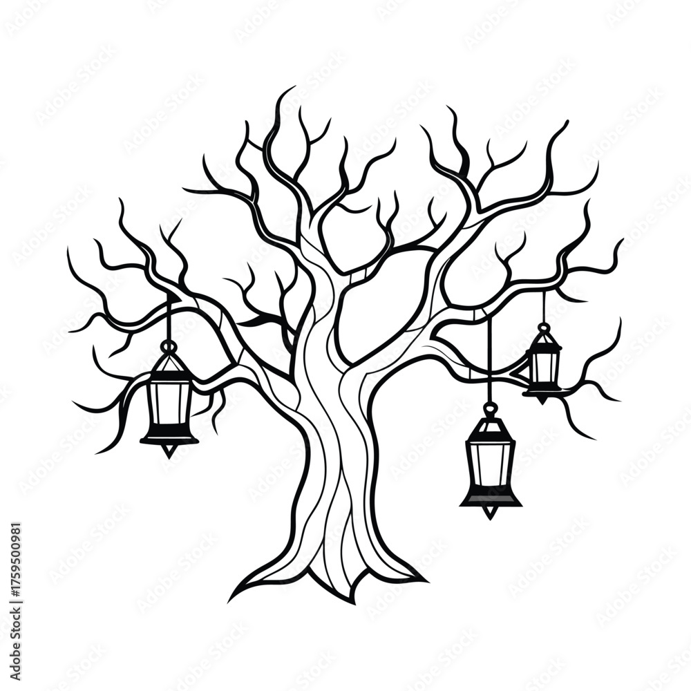 Naklejka premium Mystical Haunted Tree with Glowing Lanterns at Night