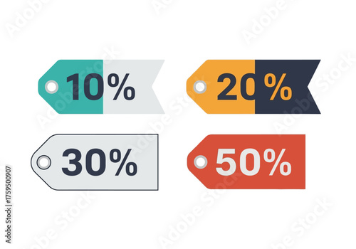 Four colorful price tags with percentages including 10 20 30 and 50