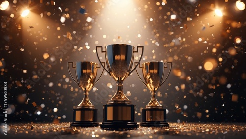 Three golden trophies stand on a podium under a shower of confetti rain