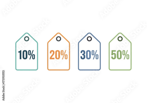 Four colorful tags display discounts 10 20 30 and 50