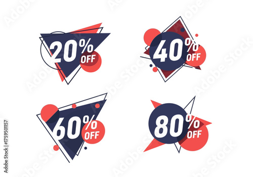 Four discount badges of 20 40 60  80 off Each badge is a geometric mix of triangles circles  red accents