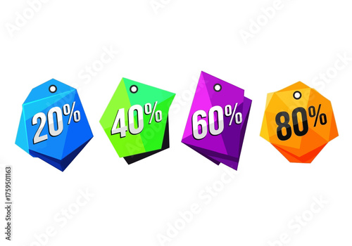Four colorful tags with percentage discounts 20 40 60 80 each a different polygonal shape and color