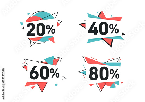 Four geometric graphic elements showing 20 40 60 80 discounts using triangles circles and lines in coral teal and black